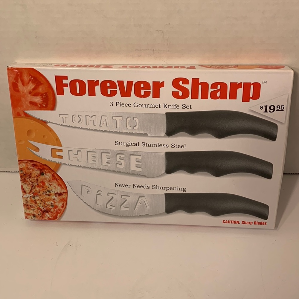 NEW 3 Piece Forever Sharp Gourmet CUSTOM Knife Set, Tomato, Cheese, Pizza
